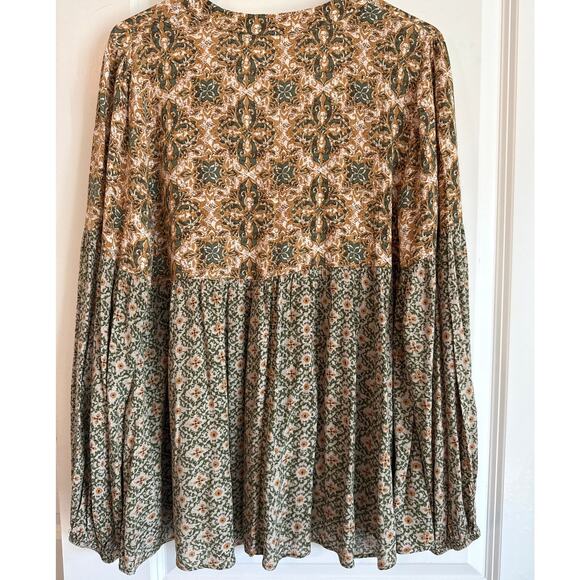 Easel Boho Babydoll Top Tan Green Floral Mixed Print Sz S EUC Earth Tones - Picture 4 of 9